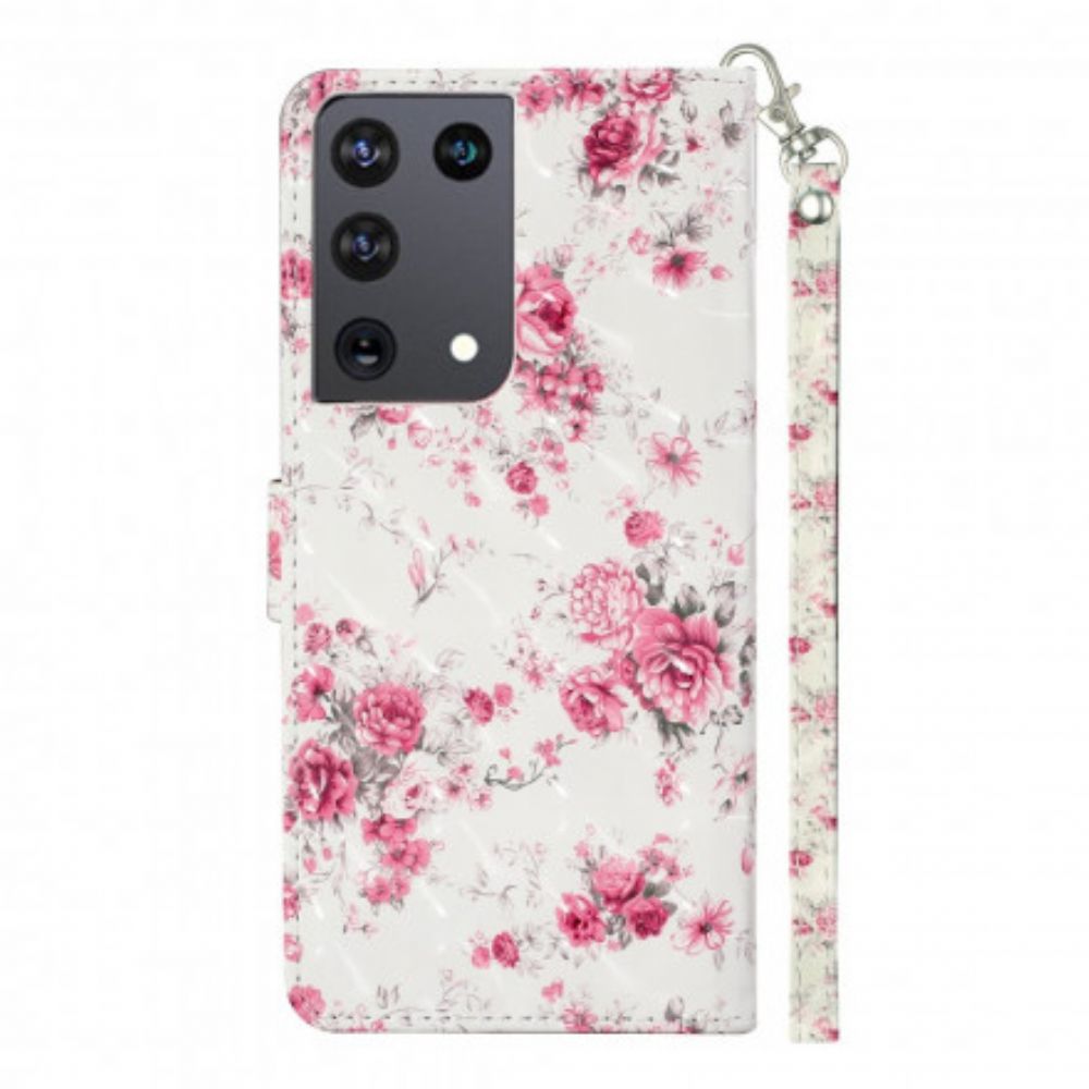 Leren Hoesje voor Samsung Galaxy S21 Ultra 5G Met Ketting Strap Lichtvlek Bloemen