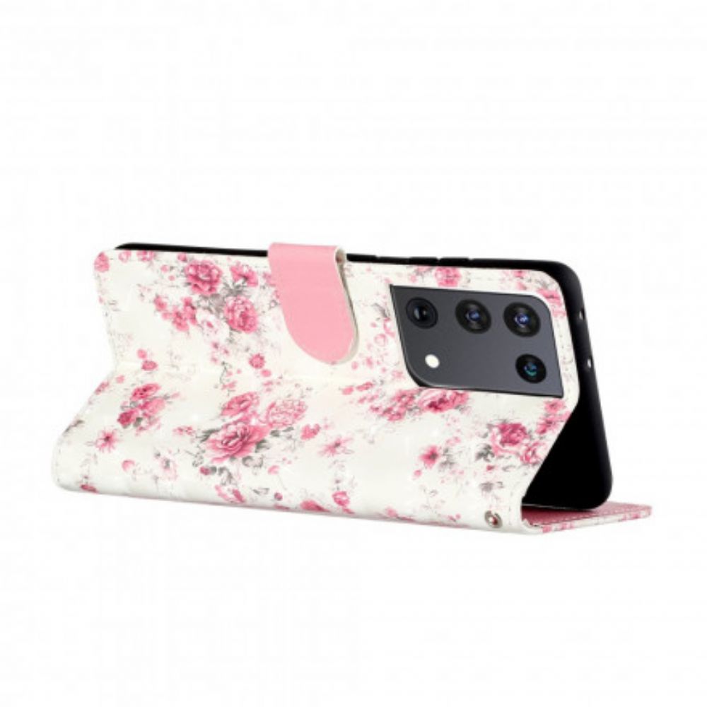 Leren Hoesje voor Samsung Galaxy S21 Ultra 5G Met Ketting Strap Lichtvlek Bloemen