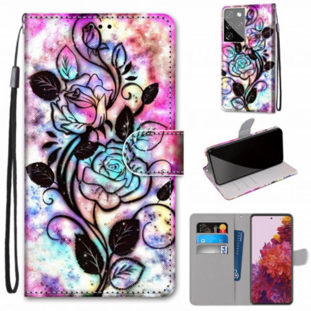 Leren Hoesje voor Samsung Galaxy S21 Ultra 5G Neonbloemen