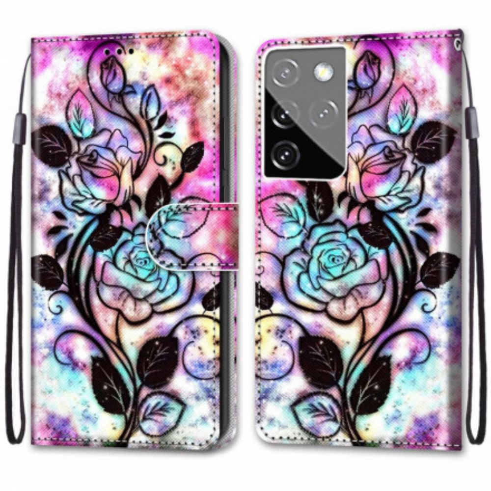 Leren Hoesje voor Samsung Galaxy S21 Ultra 5G Neonbloemen