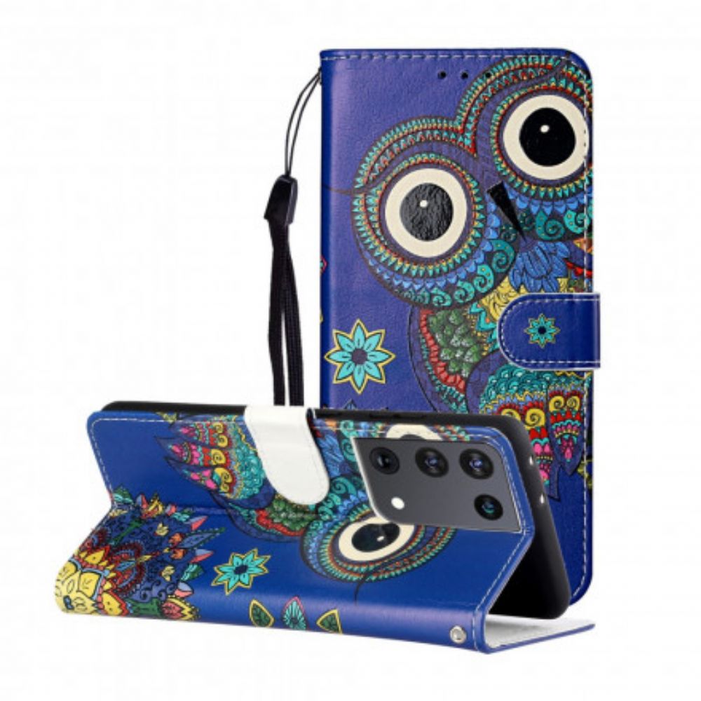 Leren Hoesje voor Samsung Galaxy S21 Ultra 5G Uil In Mandala