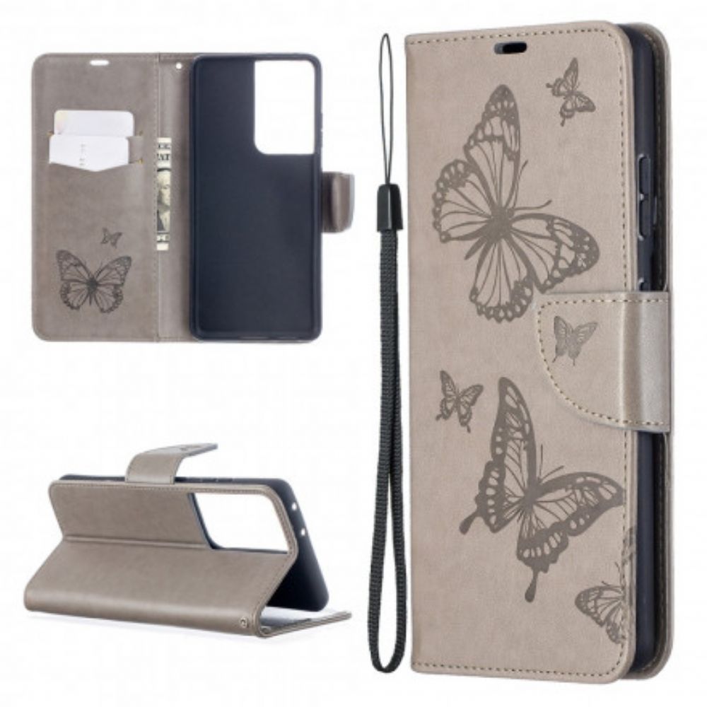 Leren Hoesje voor Samsung Galaxy S21 Ultra 5G Vlinders Tijdens De Vlucht Met Lanyard