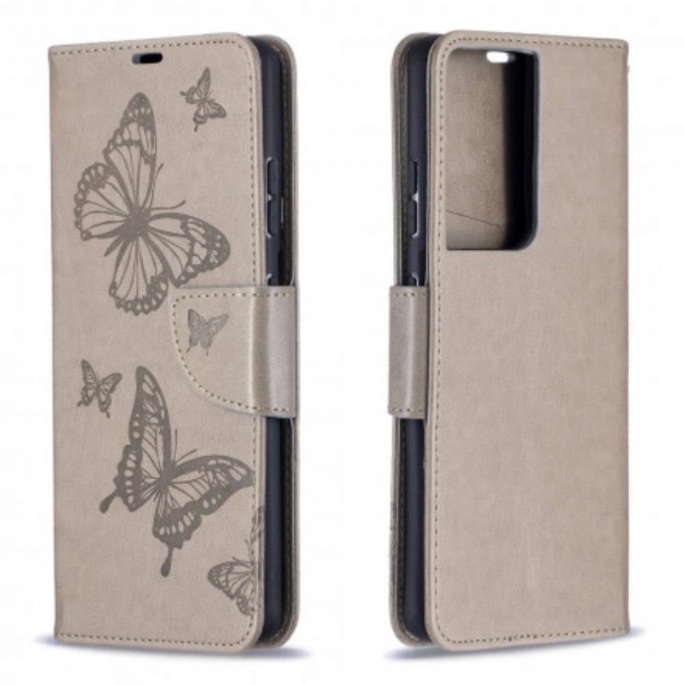 Leren Hoesje voor Samsung Galaxy S21 Ultra 5G Vlinders Tijdens De Vlucht Met Lanyard