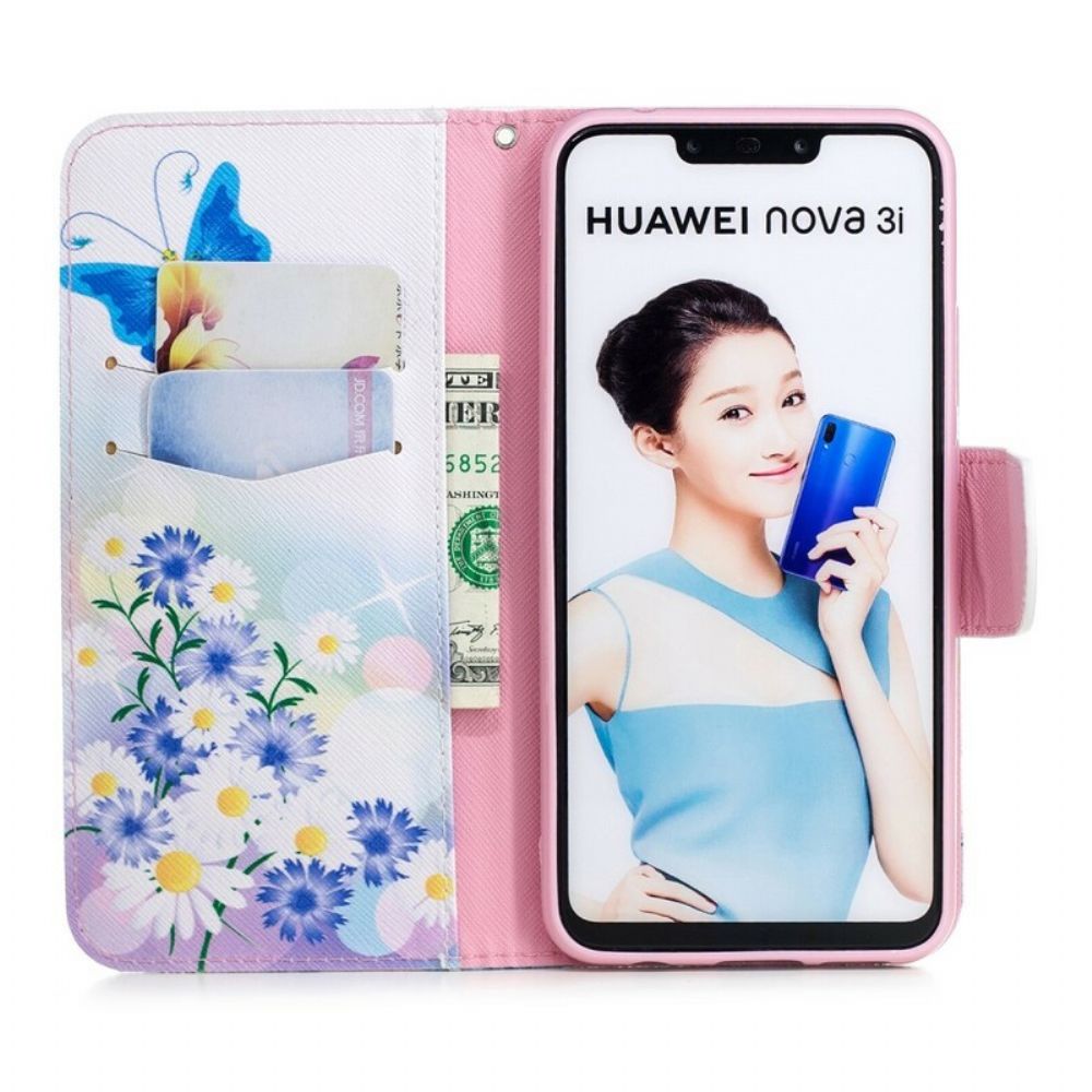 Leren Hoesje voor Huawei P Smart Plus Geschilderde Vlinders En Bloemen