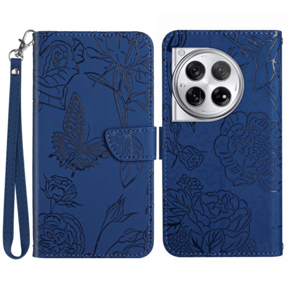 Leren Hoesje Oneplus 12r Lanyard Vlinders Bescherming Hoesje