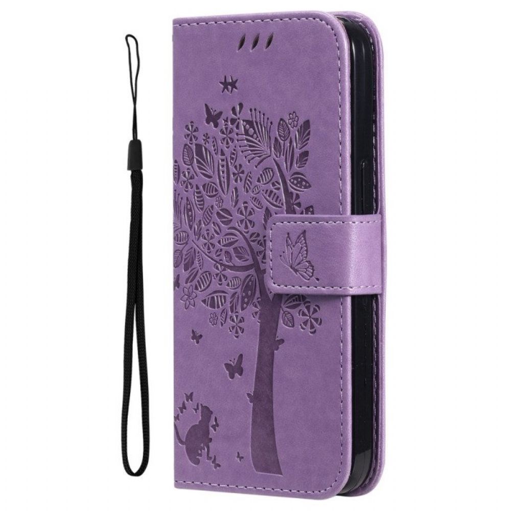 Flip Case voor Honor Magic 5 Lite Met Ketting Boom En Strappy Cat