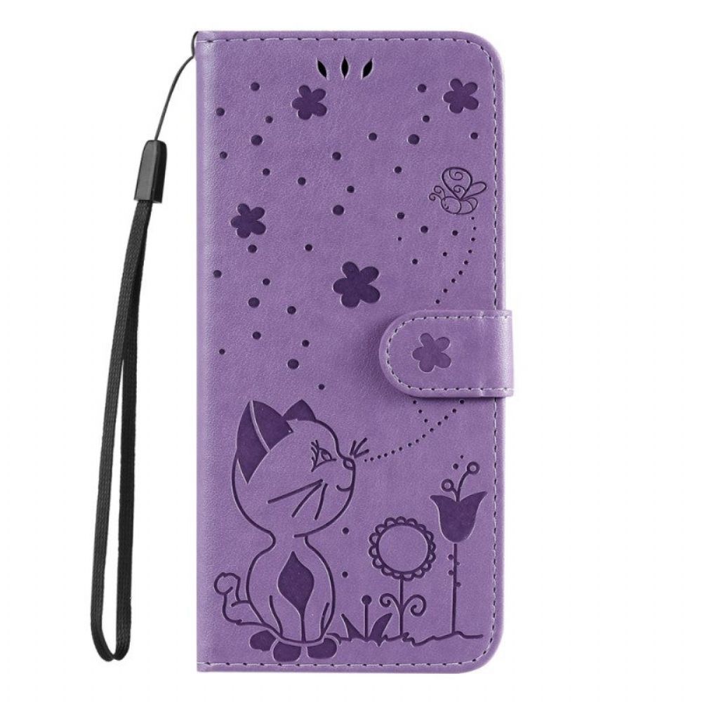 Leren Hoesje voor Honor Magic 5 Lite Met Ketting Kat En Bij Met Lanyard