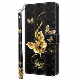 Leren Hoesje voor Samsung Galaxy A14 / A14 5G Met Ketting Gouden Vlinders Met Riem