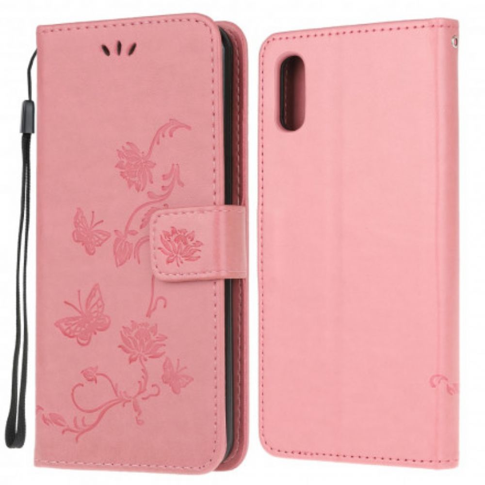 Leren Hoesje voor Samsung Galaxy XCover 5 Met Ketting Thong Vlinders En Bloemen