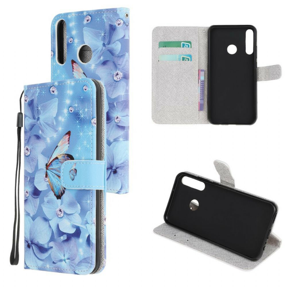 Leren Hoesje voor Huawei P40 Lite E / Huawei Y7p Met Ketting Vlinders Met Diamanten Band