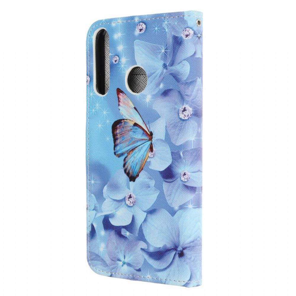 Leren Hoesje voor Huawei P40 Lite E / Huawei Y7p Met Ketting Vlinders Met Diamanten Band