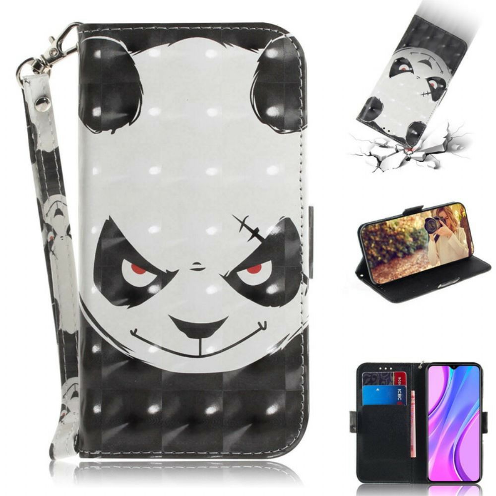 Flip Case voor Xiaomi Redmi 9 Met Ketting Boze Panda Met Riem