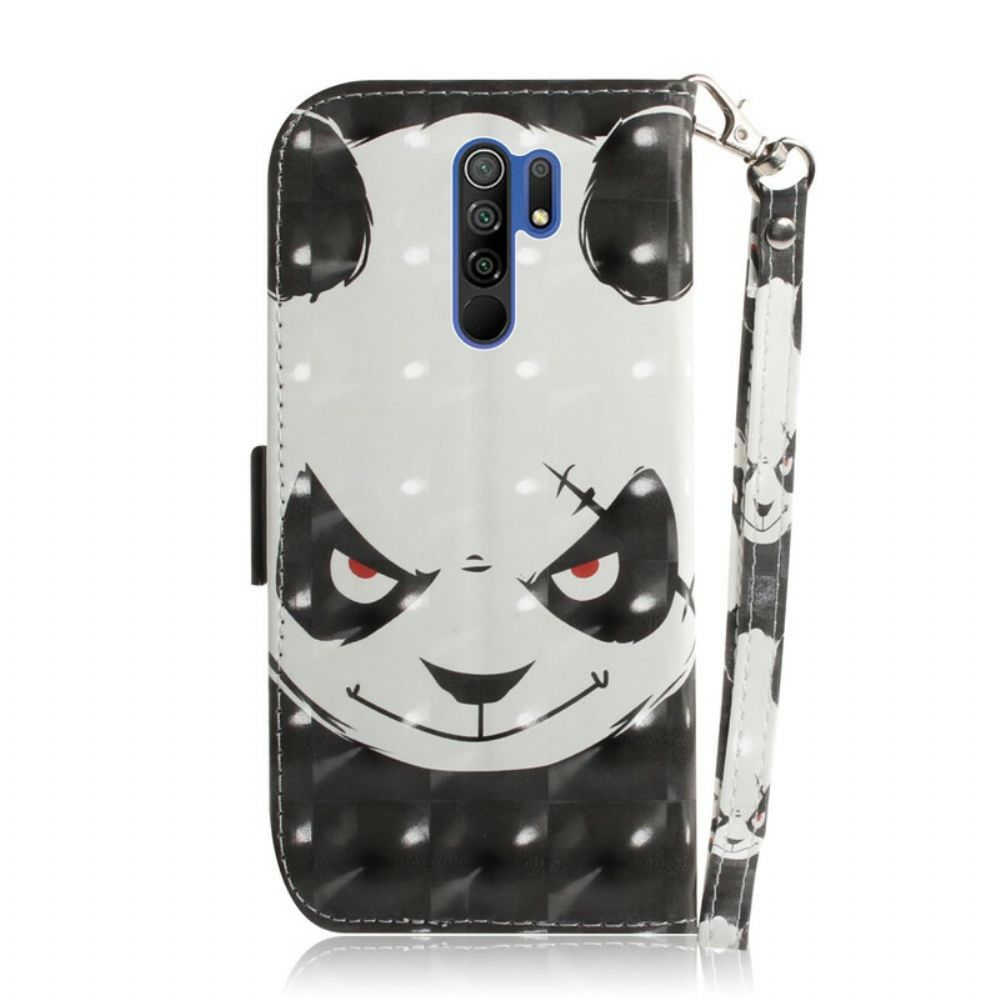 Flip Case voor Xiaomi Redmi 9 Met Ketting Boze Panda Met Riem