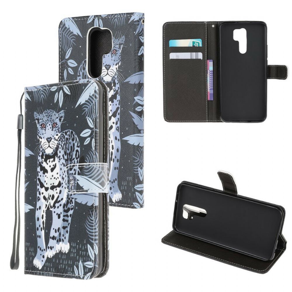 Flip Case voor Xiaomi Redmi 9 Met Ketting Thong Luipaard