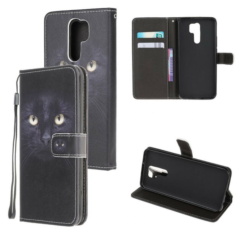 Flip Case voor Xiaomi Redmi 9 Met Ketting Zwarte Kattenogen Met Riem