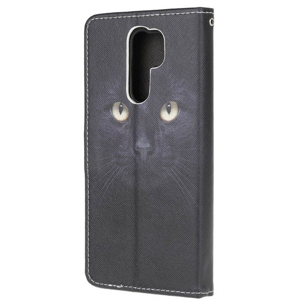 Flip Case voor Xiaomi Redmi 9 Met Ketting Zwarte Kattenogen Met Riem