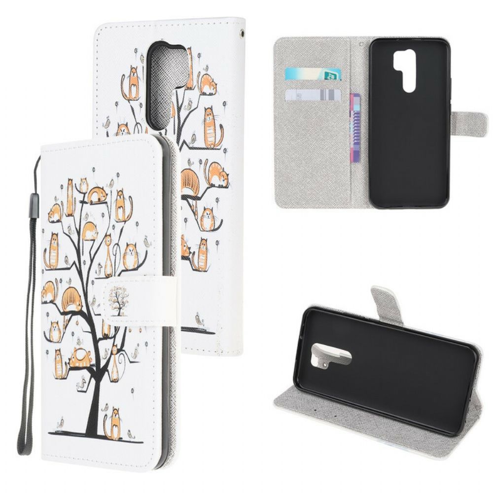 Folio-hoesje voor Xiaomi Redmi 9 Met Ketting Funky Katten Met Riem