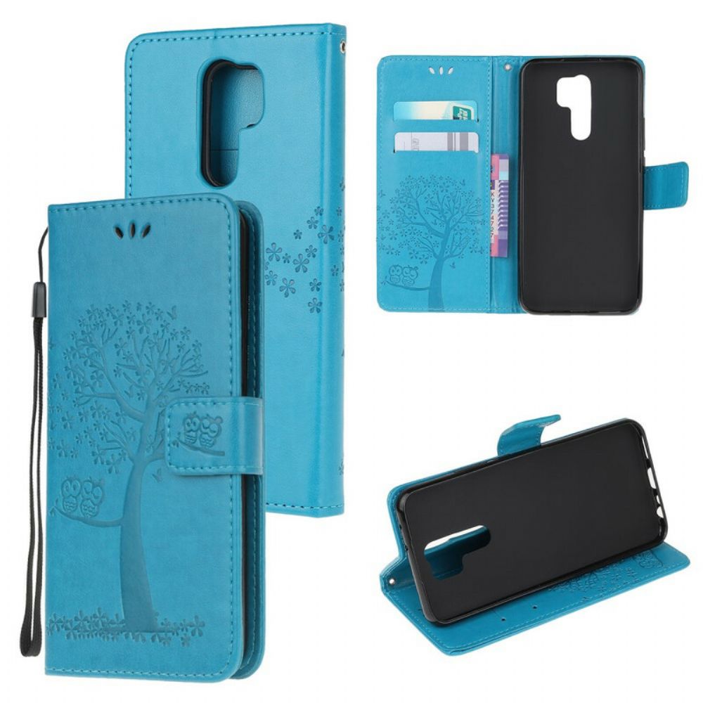 Leren Hoesje voor Xiaomi Redmi 9 Met Ketting Boom En Uilen Met Bandjes