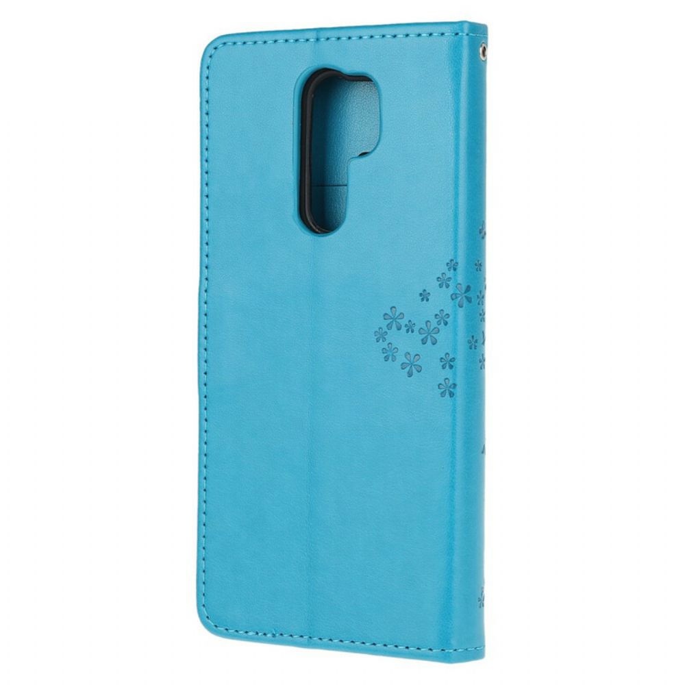 Leren Hoesje voor Xiaomi Redmi 9 Met Ketting Boom En Uilen Met Bandjes