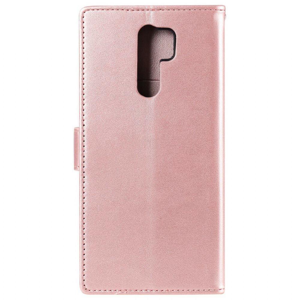 Leren Hoesje voor Xiaomi Redmi 9 Met Ketting Liefdevolle Uilen Met Riem