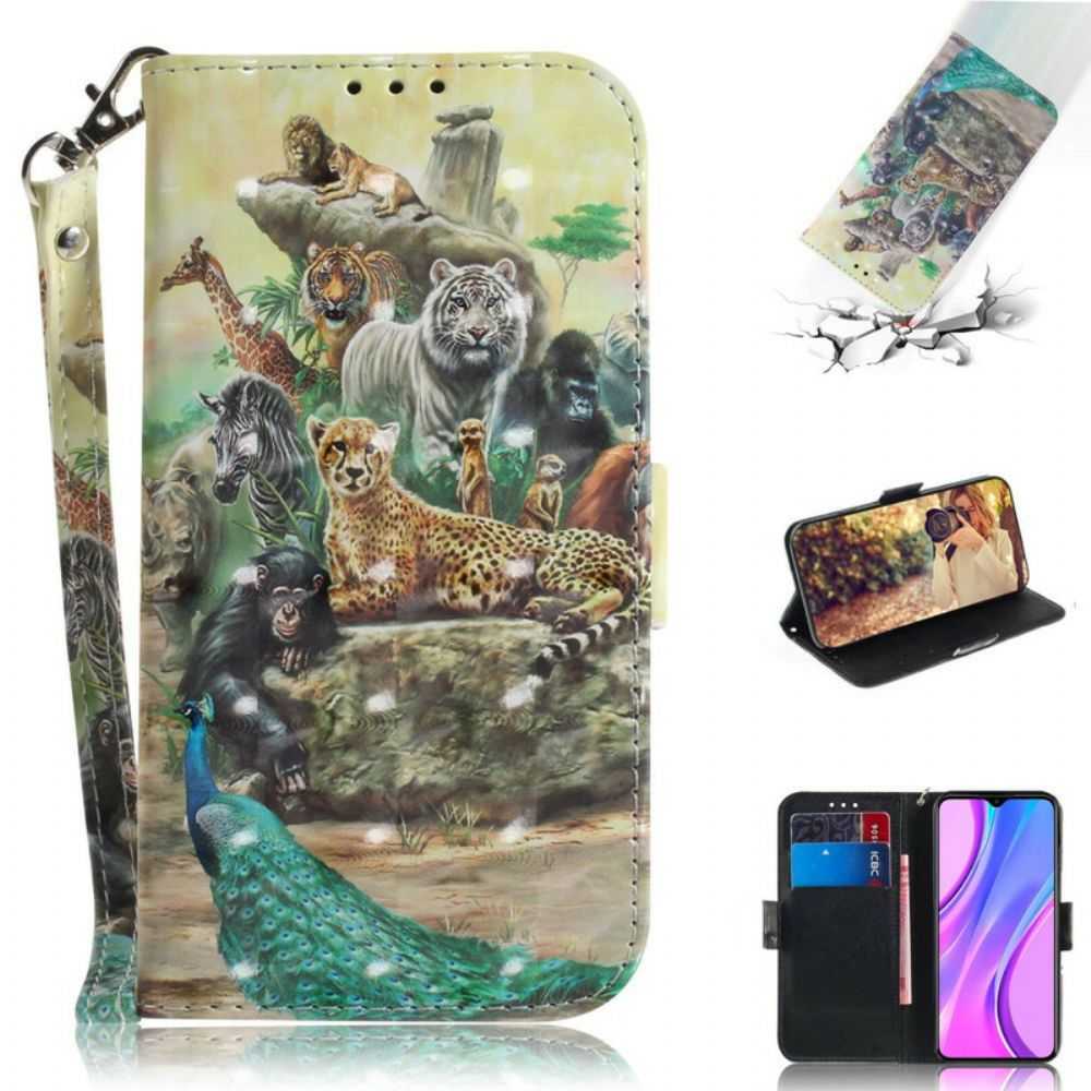 Leren Hoesje voor Xiaomi Redmi 9 Met Ketting Thong Safari Dieren