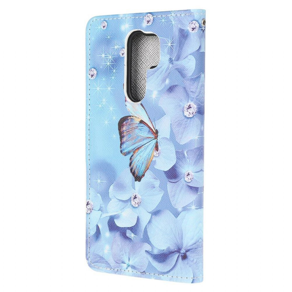 Leren Hoesje voor Xiaomi Redmi 9 Met Ketting Vlinders Met Diamanten Band