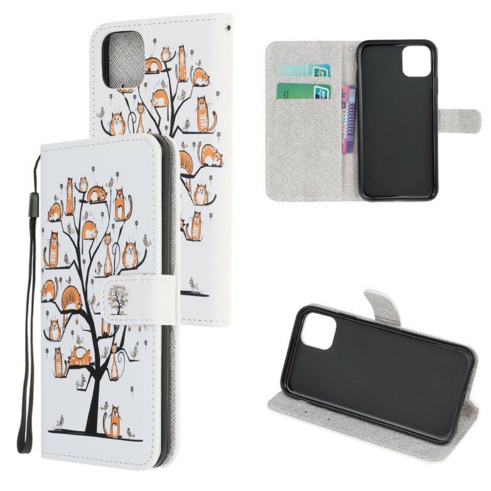 Flip Case voor iPhone 12 Mini Met Ketting Funky Katten Met Riem