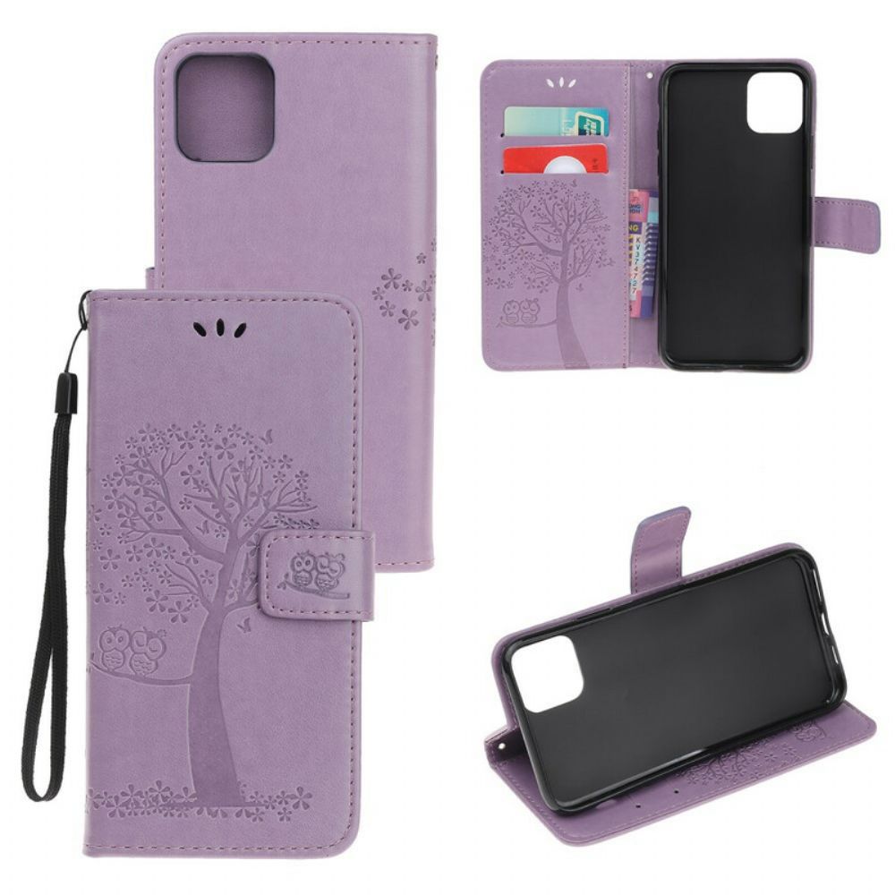 Folio-hoesje voor iPhone 12 Mini Met Ketting Boom En Uilen Met Bandjes