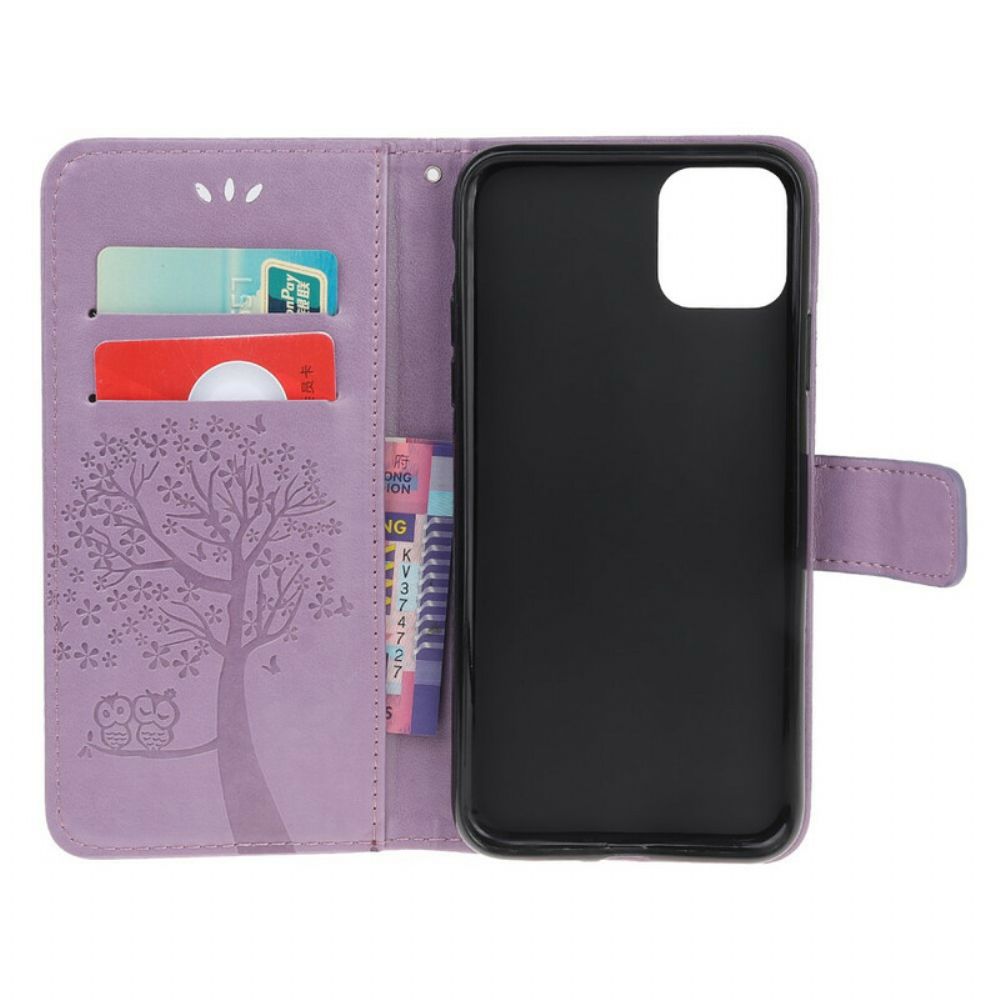 Folio-hoesje voor iPhone 12 Mini Met Ketting Boom En Uilen Met Bandjes