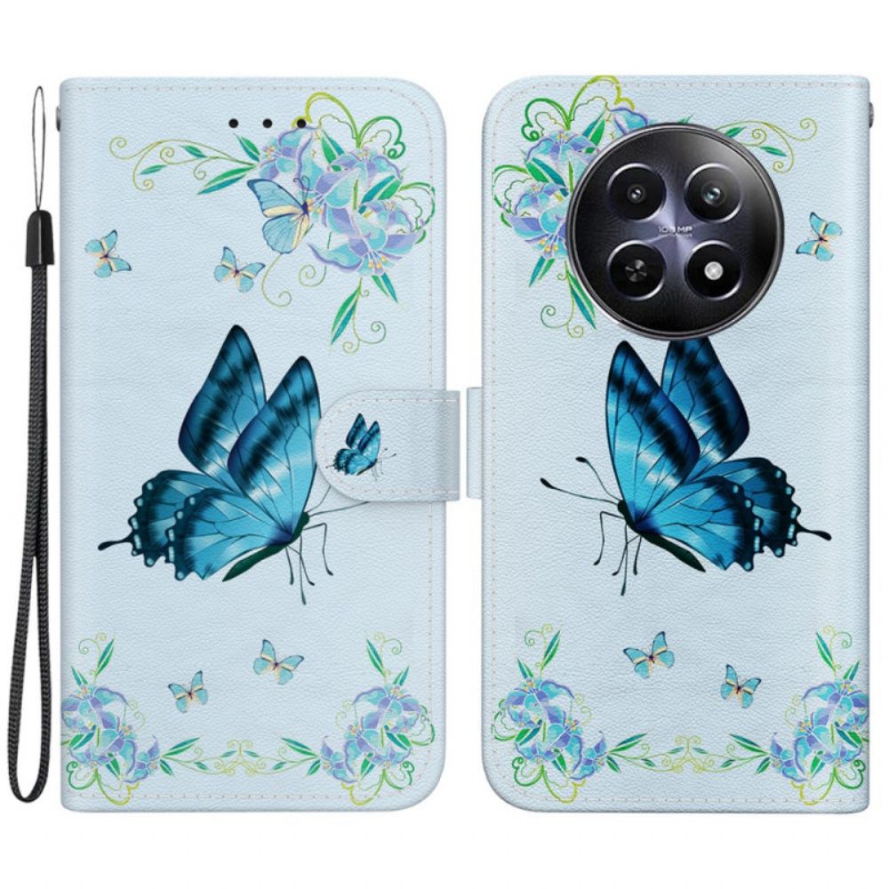 Leren Hoesje Voor Realme 12 / 12x 5g Blauwe Vlinder En Bloemen Met Riempje