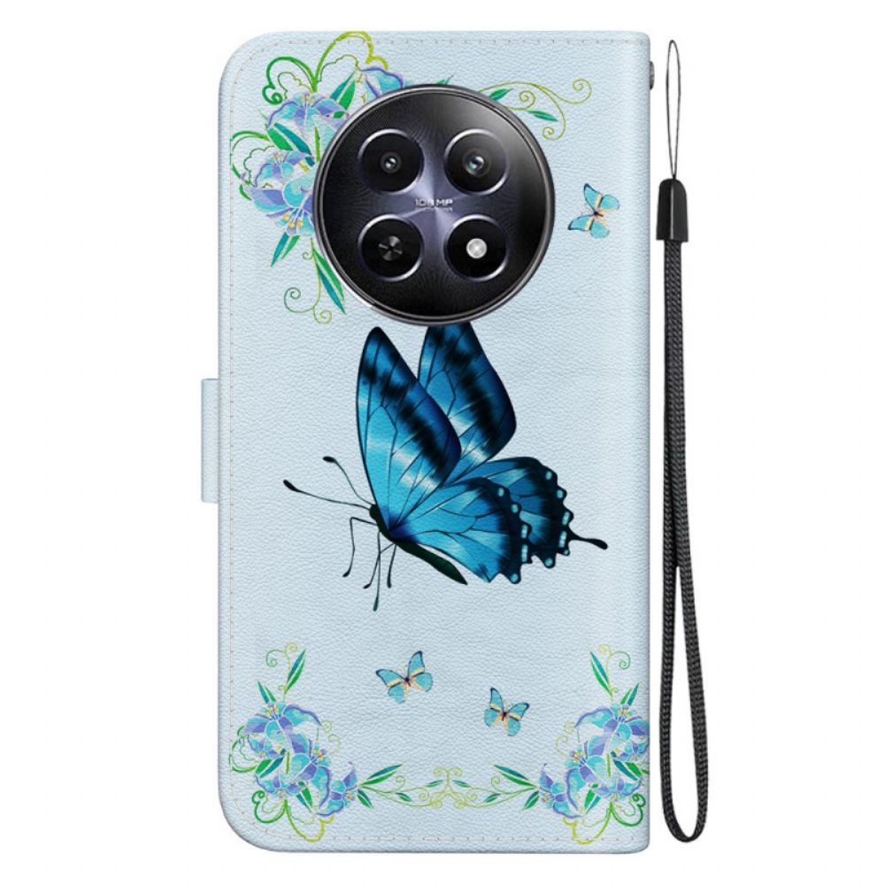 Leren Hoesje Voor Realme 12 / 12x 5g Blauwe Vlinder En Bloemen Met Riempje