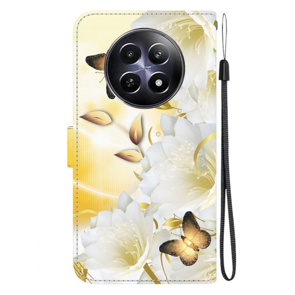 Leren Hoesje Voor Realme 12 / 12x 5g Gouden Vlinders En Bloemen Met Bandje