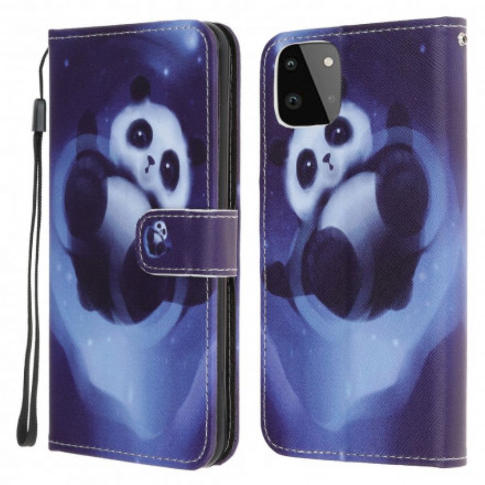 Flip Case voor Samsung Galaxy A22 5G Met Ketting Thong Space Panda