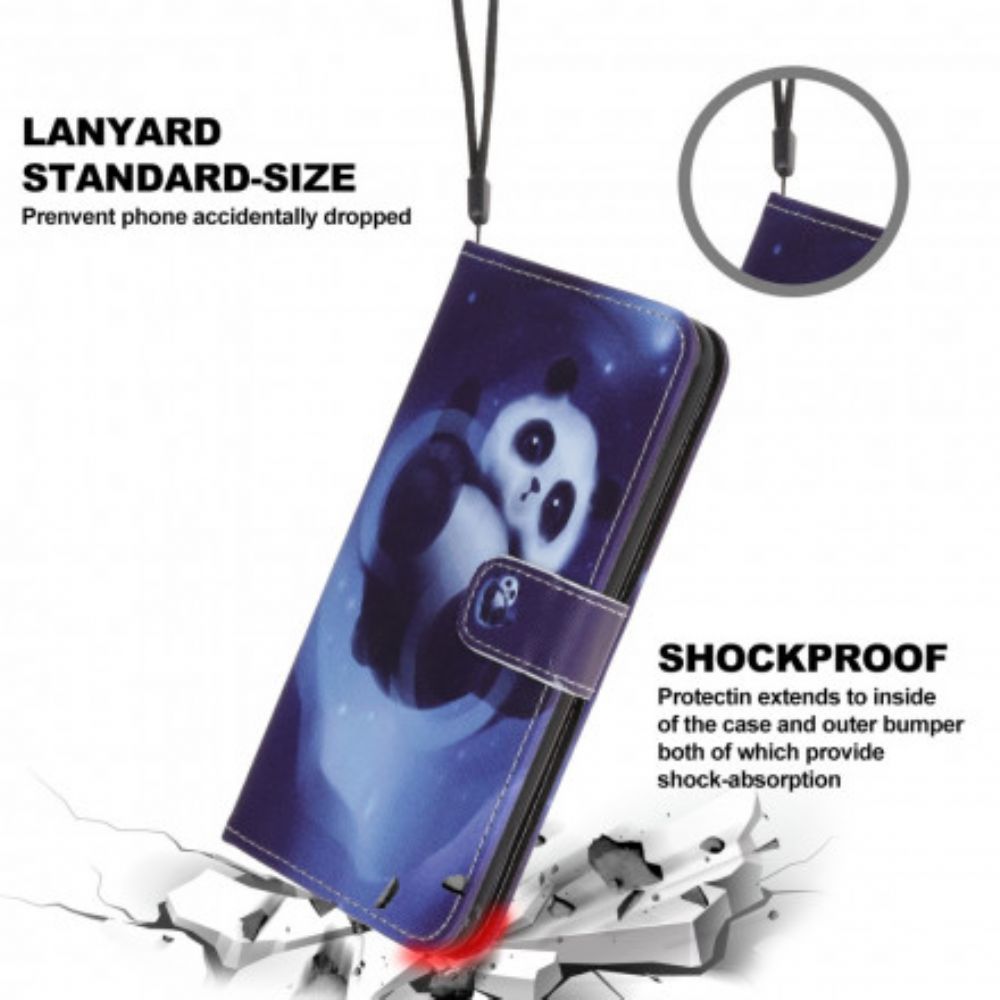 Flip Case voor Samsung Galaxy A22 5G Met Ketting Thong Space Panda