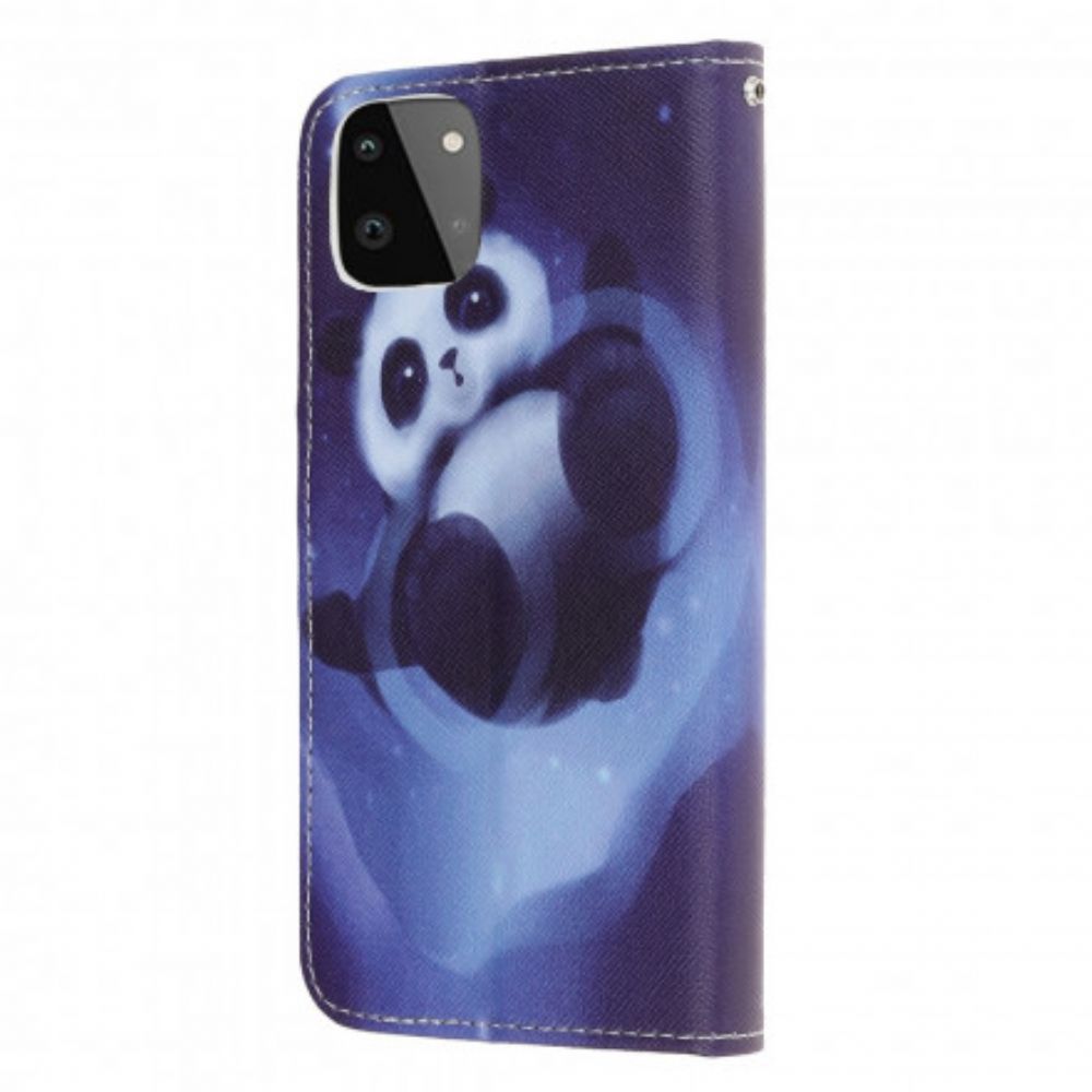 Flip Case voor Samsung Galaxy A22 5G Met Ketting Thong Space Panda