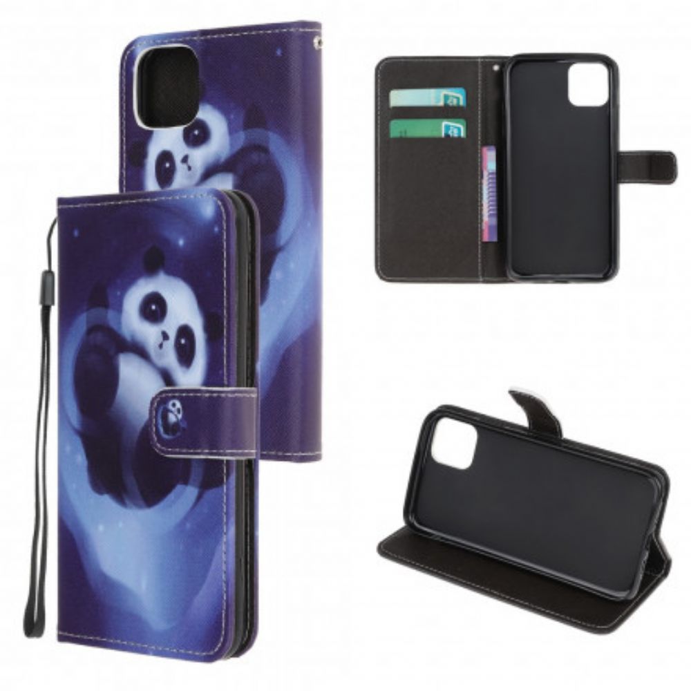 Flip Case voor Samsung Galaxy A22 5G Met Ketting Thong Space Panda