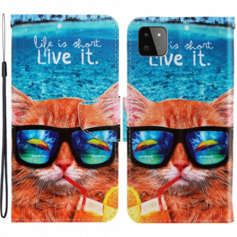 Folio-hoesje voor Samsung Galaxy A22 5G Met Ketting Cat Live It Strappy