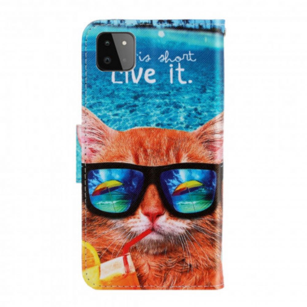 Folio-hoesje voor Samsung Galaxy A22 5G Met Ketting Cat Live It Strappy