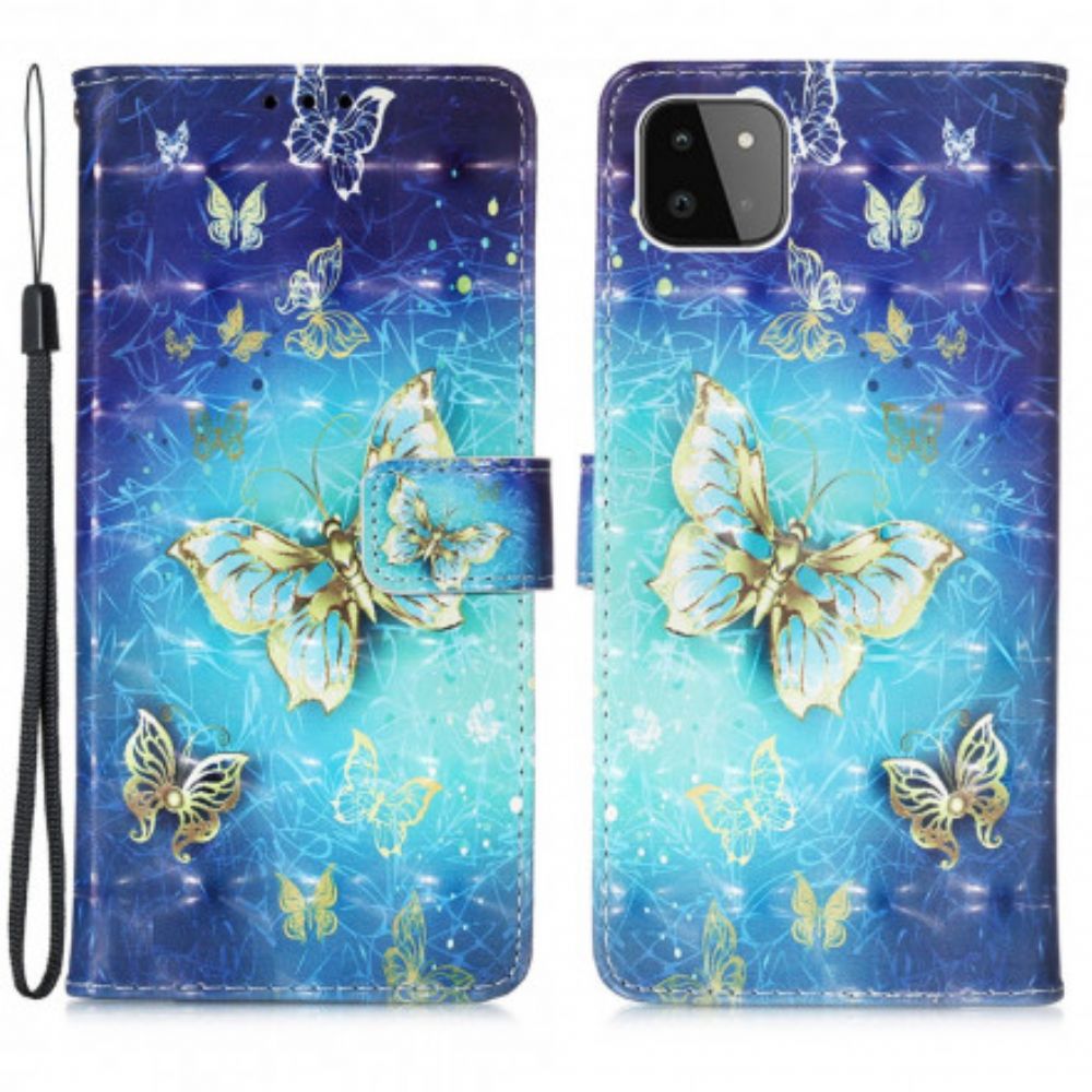 Folio-hoesje voor Samsung Galaxy A22 5G Met Ketting Gouden Band Vlinders