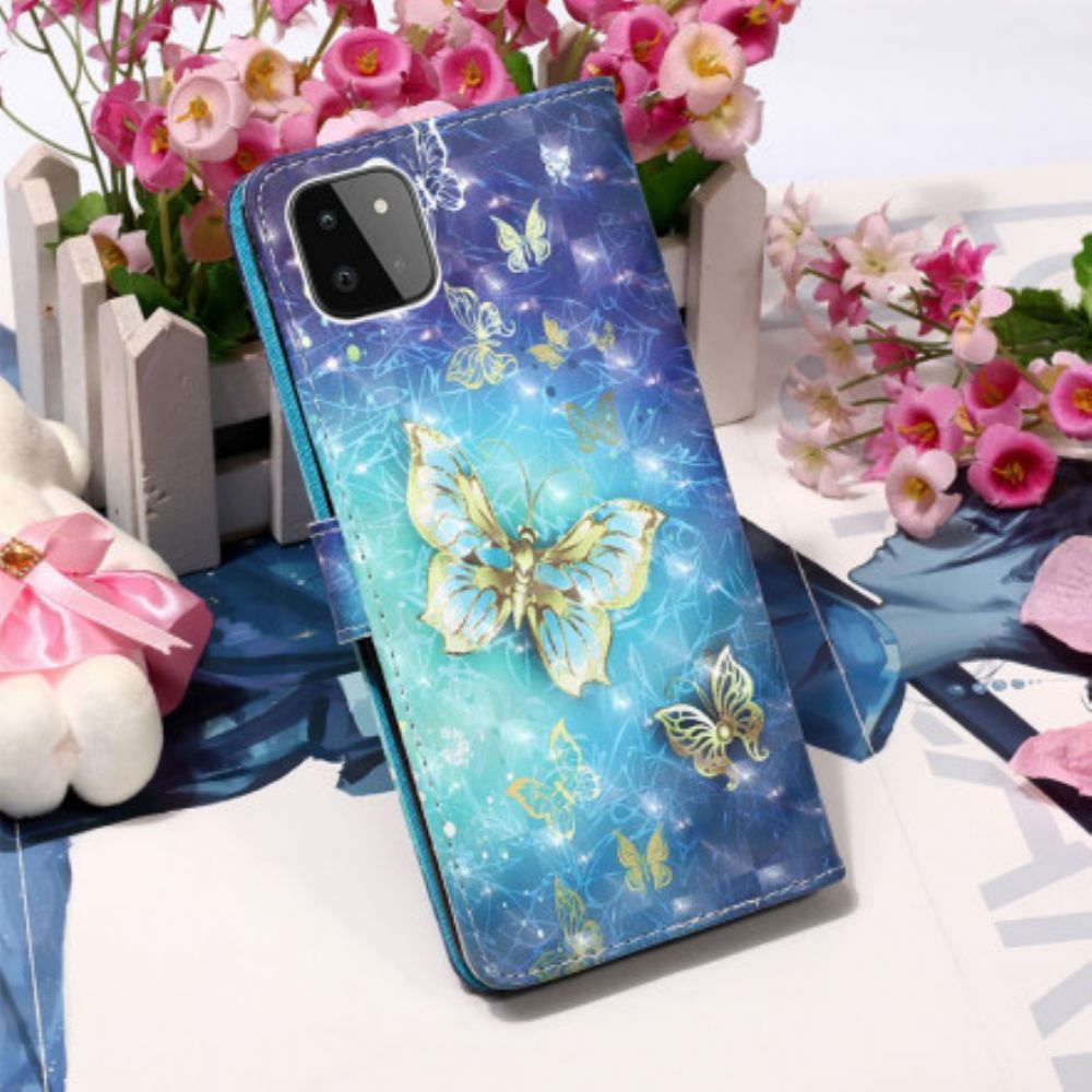 Folio-hoesje voor Samsung Galaxy A22 5G Met Ketting Gouden Band Vlinders