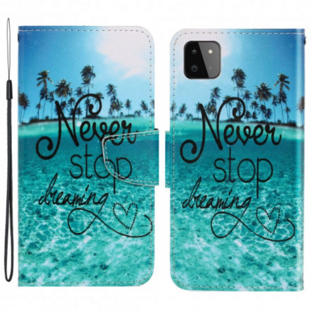 Folio-hoesje voor Samsung Galaxy A22 5G Met Ketting Stop Nooit Met Dromen Marineblauwe Strappy