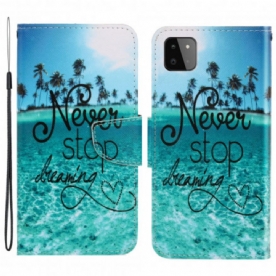 Folio-hoesje voor Samsung Galaxy A22 5G Met Ketting Stop Nooit Met Dromen Marineblauwe Strappy