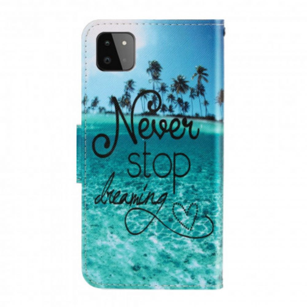 Folio-hoesje voor Samsung Galaxy A22 5G Met Ketting Stop Nooit Met Dromen Marineblauwe Strappy