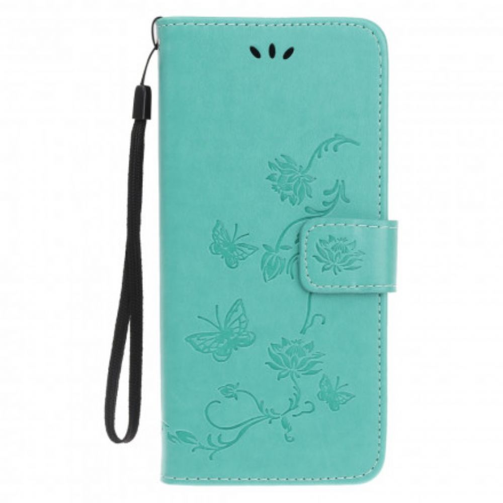 Folio-hoesje voor Samsung Galaxy A22 5G Met Ketting Thong Vlinders En Bloemen