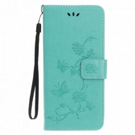 Folio-hoesje voor Samsung Galaxy A22 5G Met Ketting Thong Vlinders En Bloemen