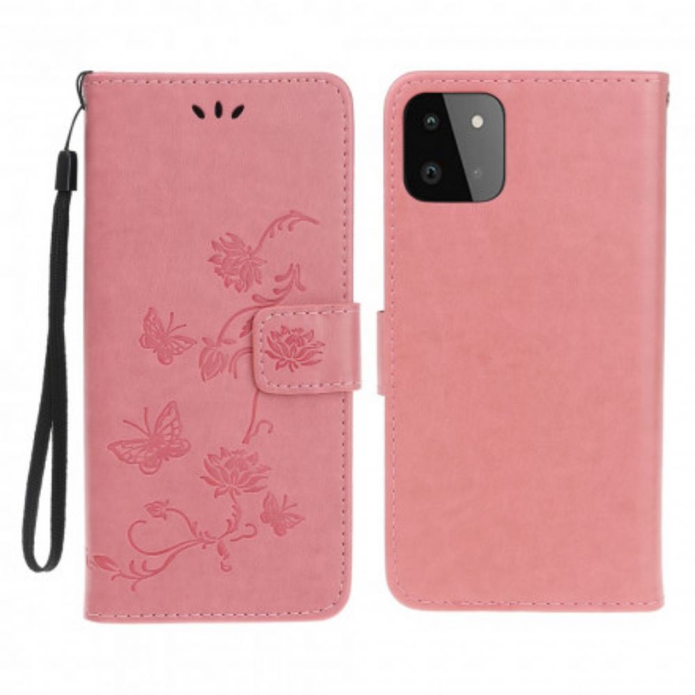 Folio-hoesje voor Samsung Galaxy A22 5G Met Ketting Thong Vlinders En Bloemen