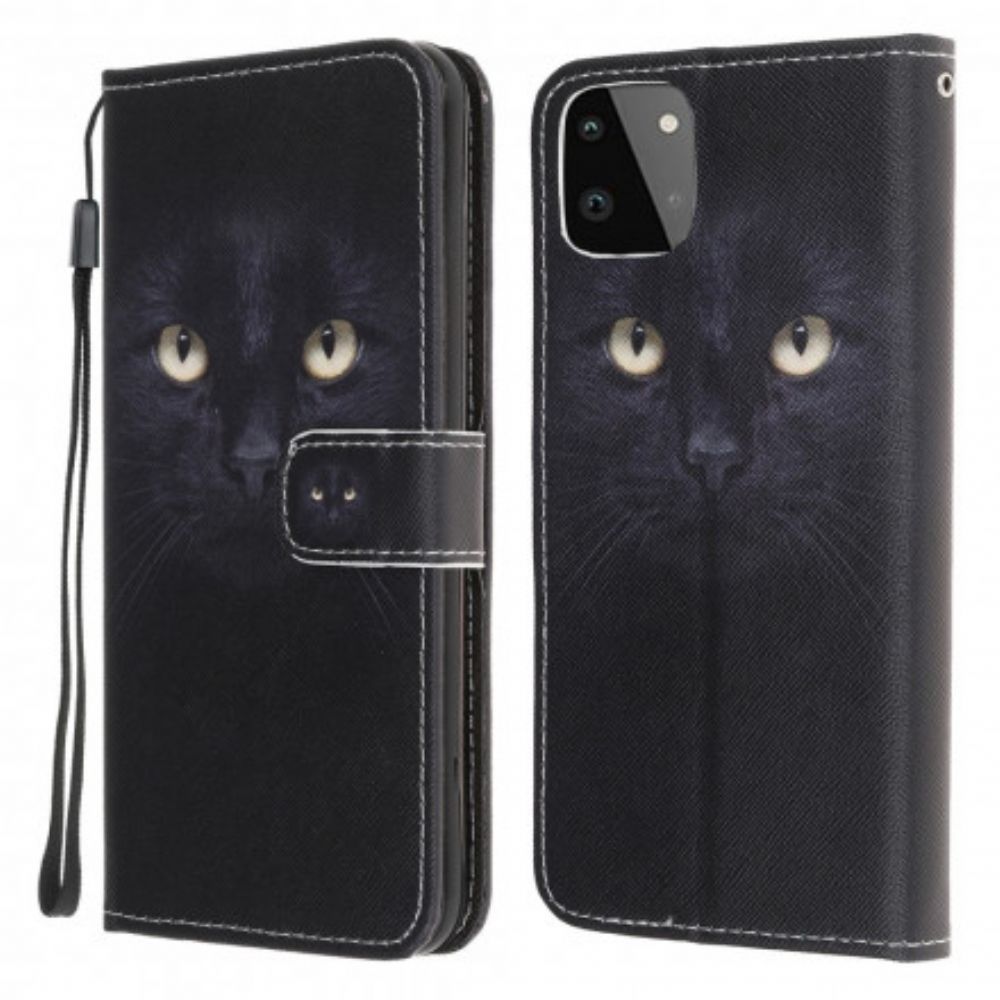 Folio-hoesje voor Samsung Galaxy A22 5G Met Ketting Zwarte Kattenogen Met Riem