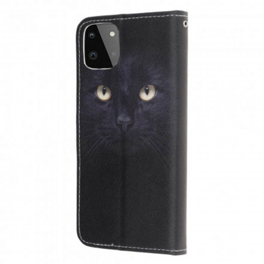 Folio-hoesje voor Samsung Galaxy A22 5G Met Ketting Zwarte Kattenogen Met Riem