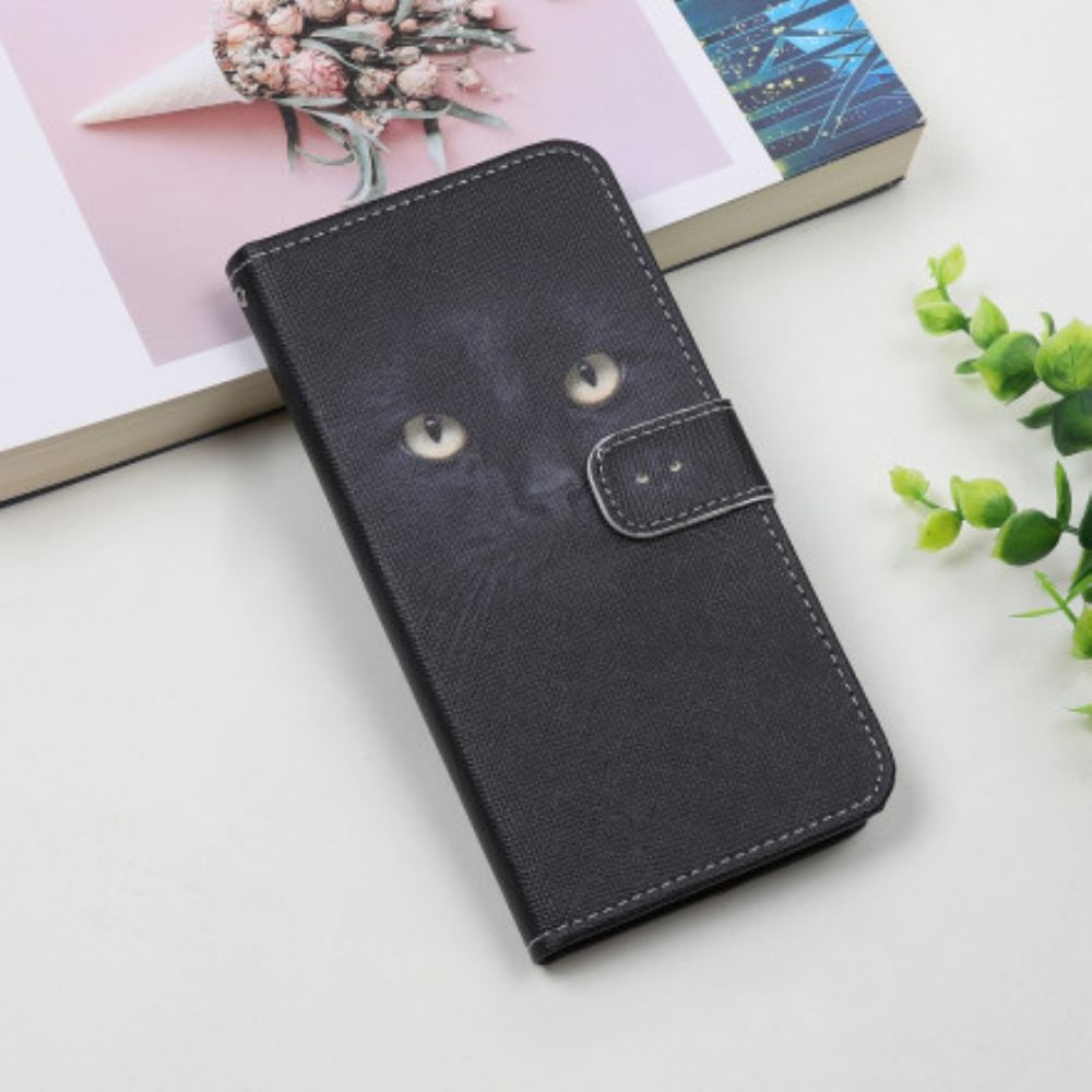 Folio-hoesje voor Samsung Galaxy A22 5G Met Ketting Zwarte Kattenogen Met Riem