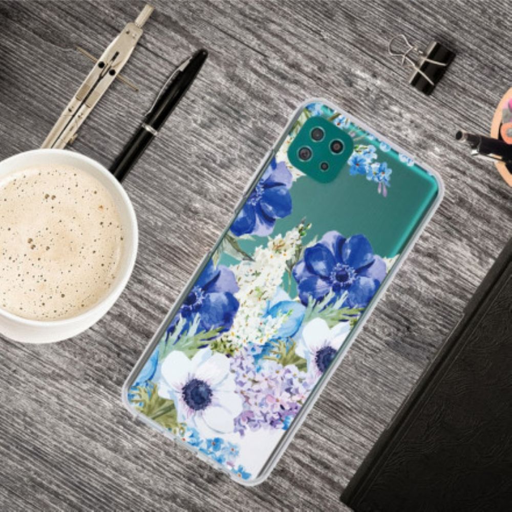 Hoesje voor Samsung Galaxy A22 5G Naadloze Aquarel Blauwe Bloemen